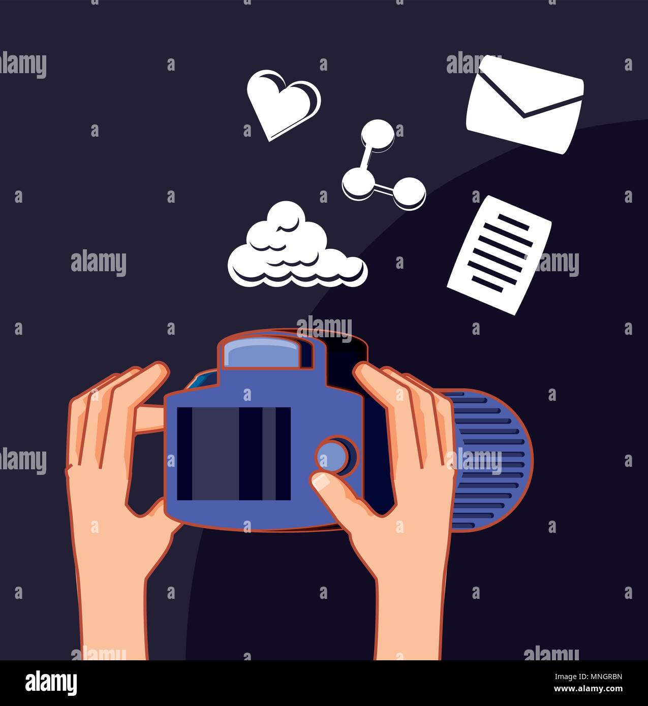 Cámara fotográfica iconos relacionados con los medios de comunicación  social sobre fondo negro, ilustración vectorial diseño colorista Imagen  Vector de stock - Alamy