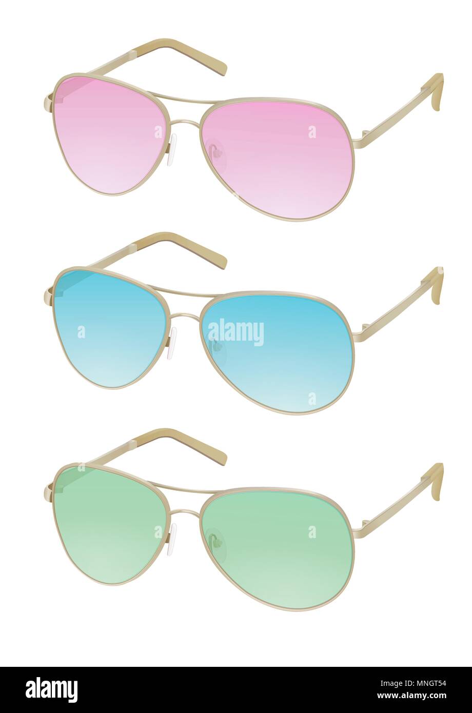 Gafas de sol colorido, vector ILUSTRACIÓN REALISTA. Moda elegante con gafas  de color rosa, azul, verde protector solar lentes y gafas de aro de oro de  hierro, un elegante accesorio, aislado sobre