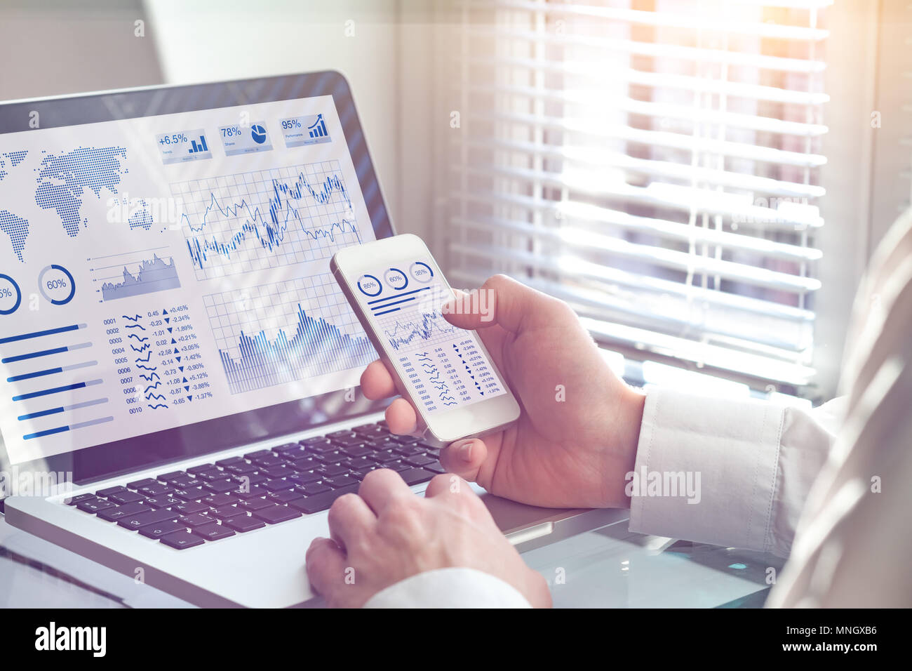 Business Analytics, tecnología del tablero de a bordo en el equipo y la pantalla del smartphone con un indicador clave de rendimiento (KPI) sobre operaciones financieras estadísticas Foto de stock