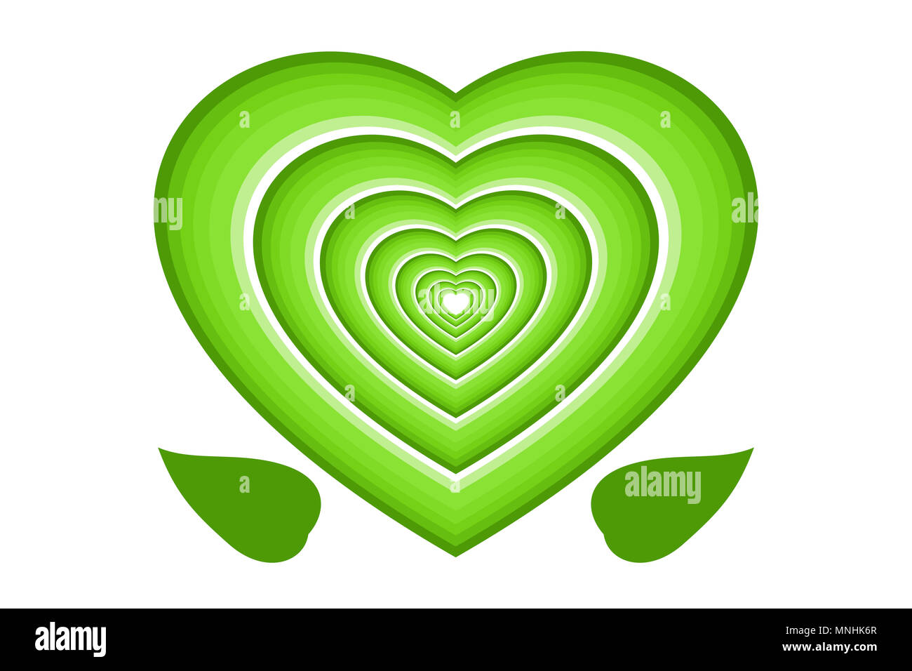 Concepto de conservación del medio ambiente. Verde corazones multicapa y hojas, aislado sobre fondo blanco. Foto de stock