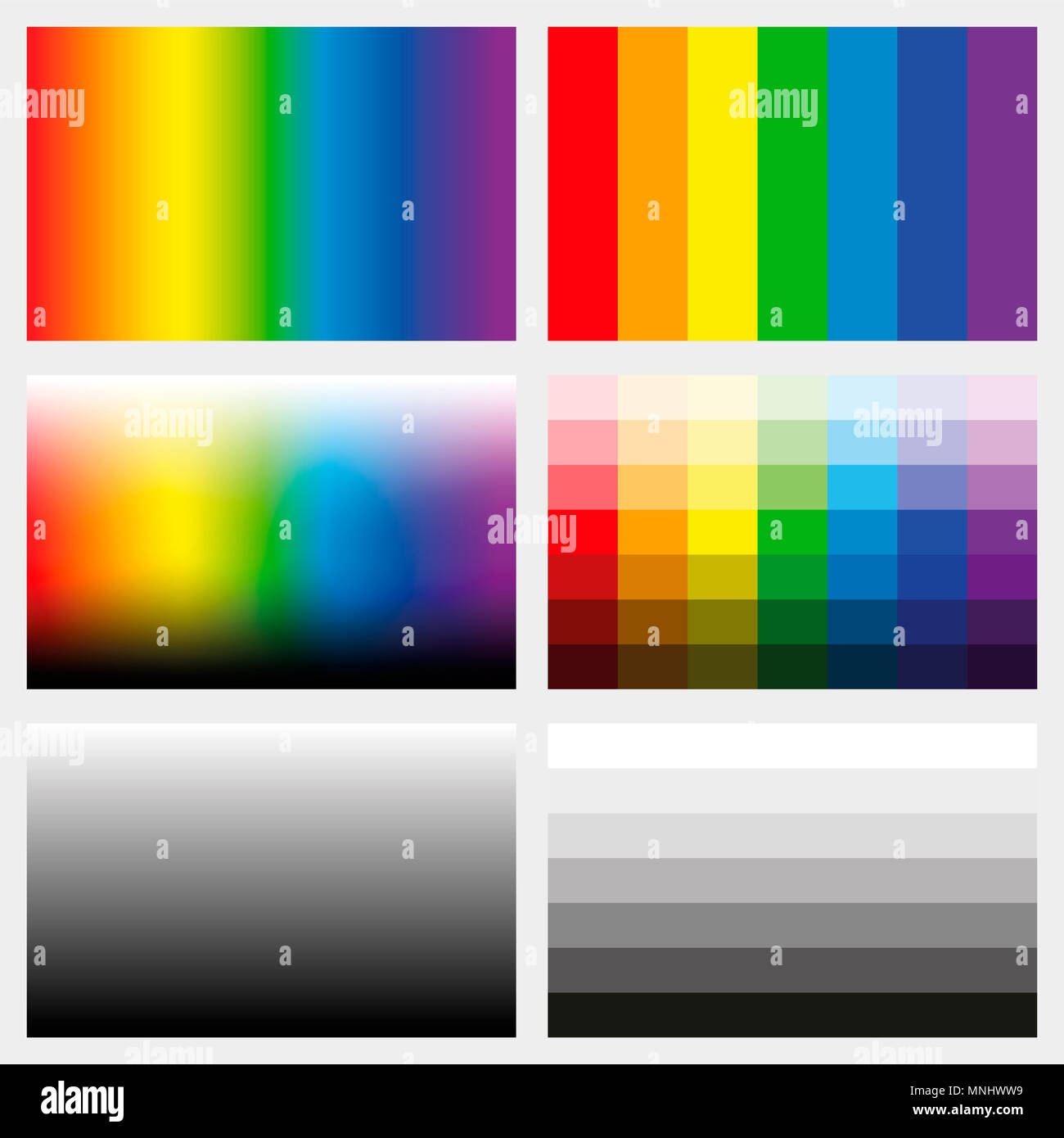 Fichas de sombra. Conjunto de gradientes de color, escala de grises y espectros de saturación en diferentes gradaciones de claro a oscuro - herramienta de trabajo para el diseño gráfico. Foto de stock