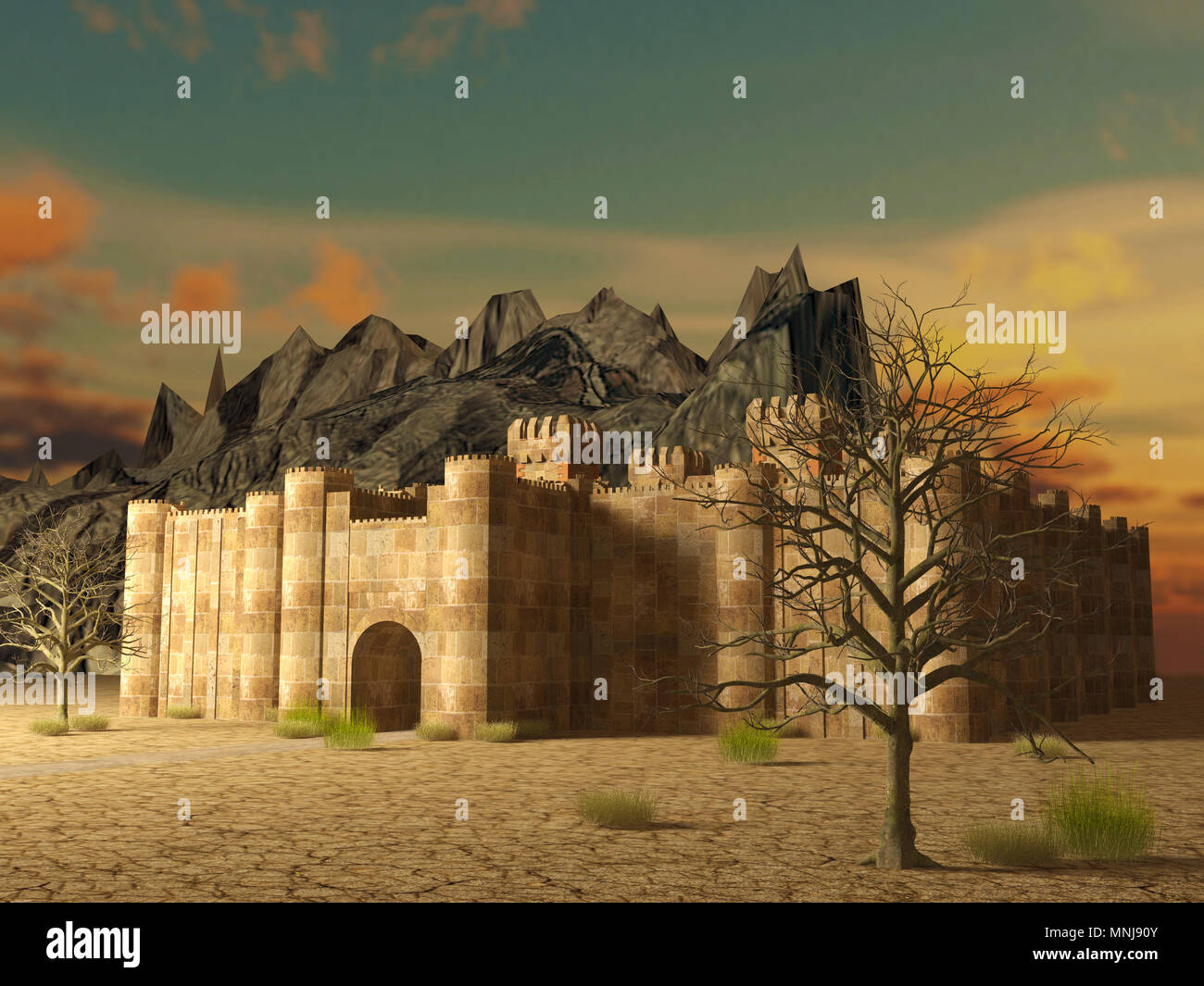 3D Render fortaleza medieval edificio exterior se ubica en terrenos agrietados Foto de stock