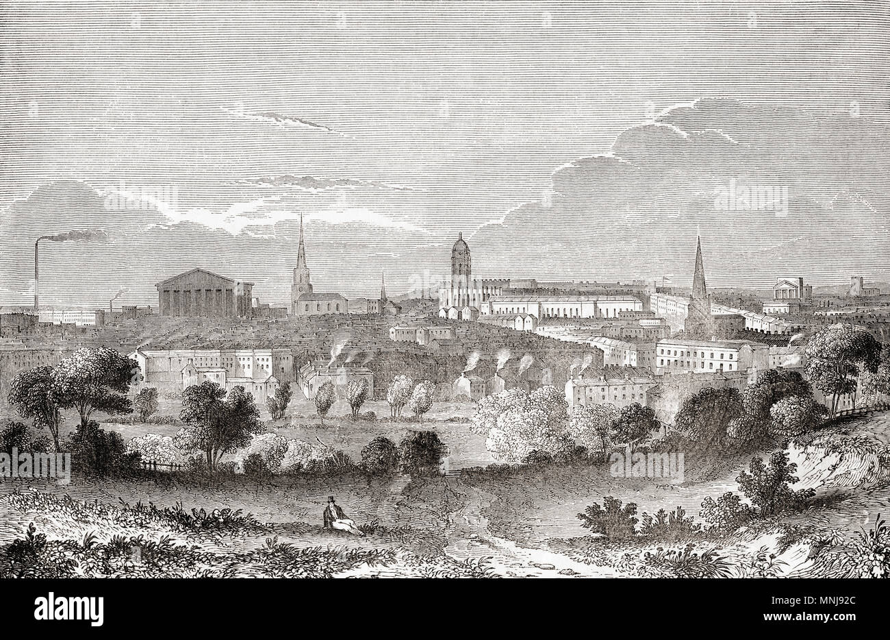 Vista de un edificio del siglo XIX, Birmingham, West Midlands, Inglaterra. Desde Inglaterra vieja: un museo pictórico, publicado 1847. Foto de stock