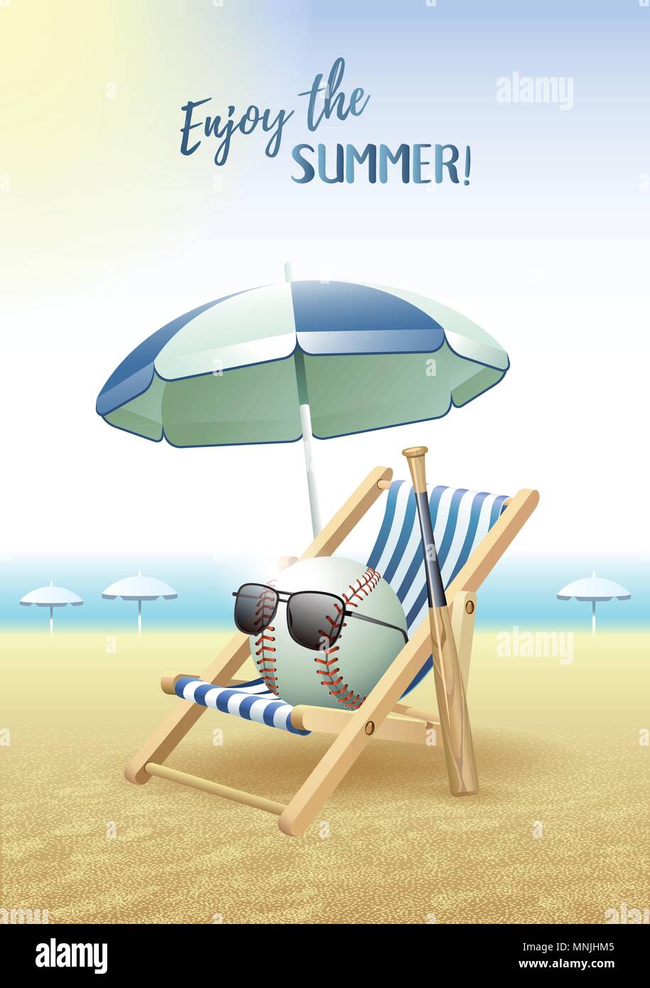 Disfruta del verano! La tarjeta de los deportes. Bola de béisbol con gafas de sol, playa, Sombrilla, tumbona y bate de madera sobre la arena de la playa. Ilustración vectorial. Ilustración del Vector