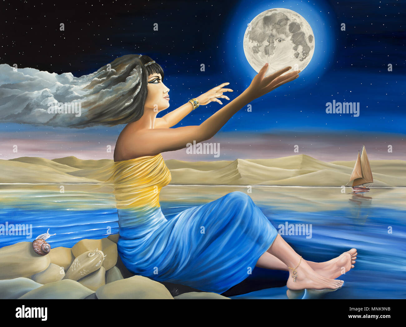 Óleo sobre lienzo original pintura representando la Madre Naturaleza abordando la luna Foto de stock