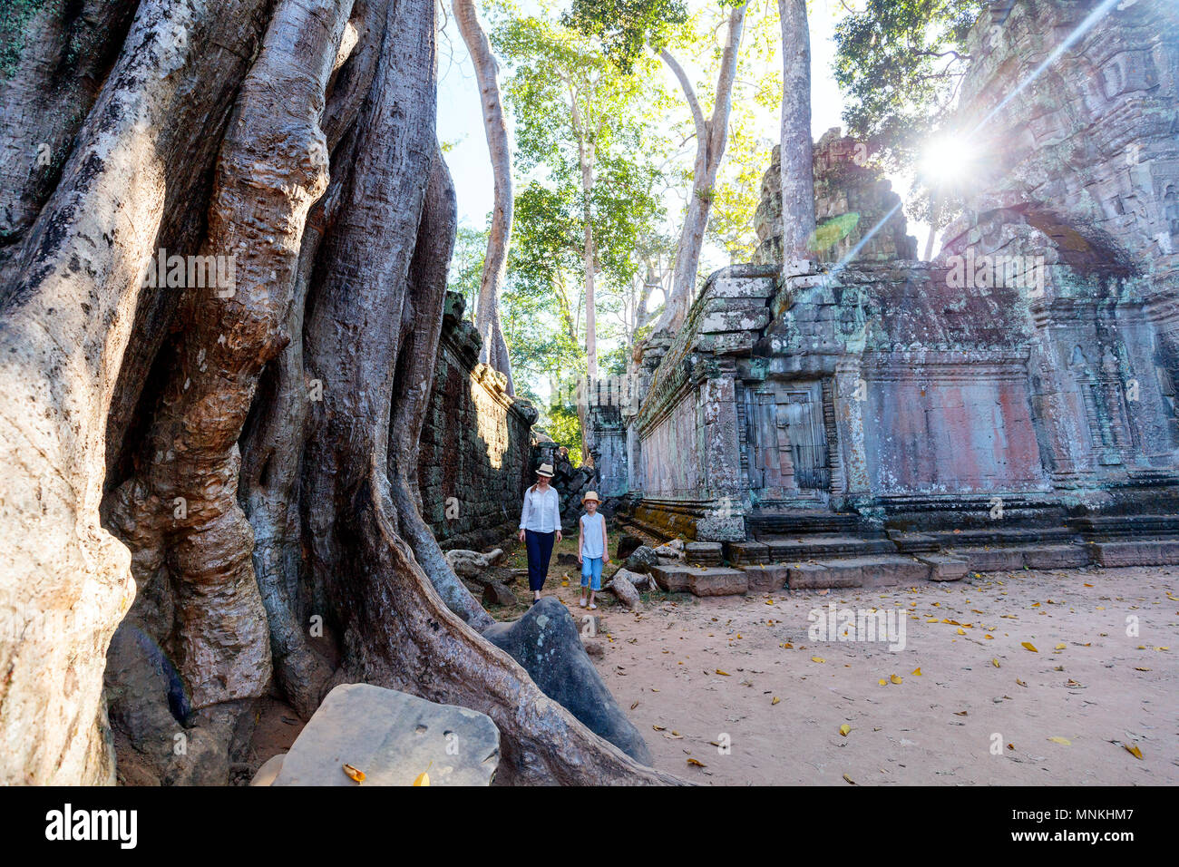 Ta Prohm familia visitando el antiguo templo en la zona arqueológica de Angkor en Camboya Foto de stock