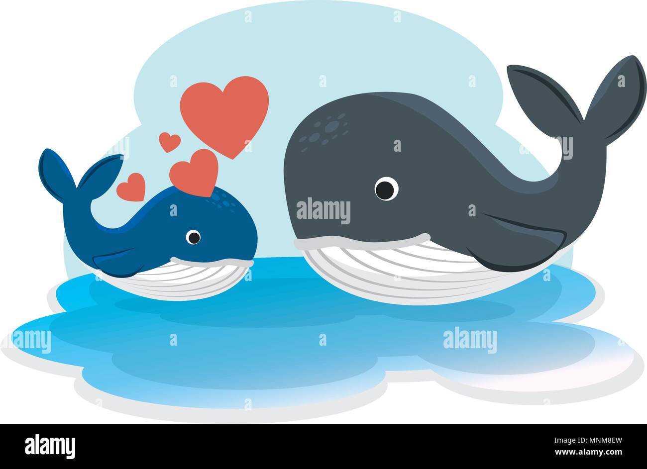 Madre e hijo lindo ballenas con corazones caracteres Imagen Vector de