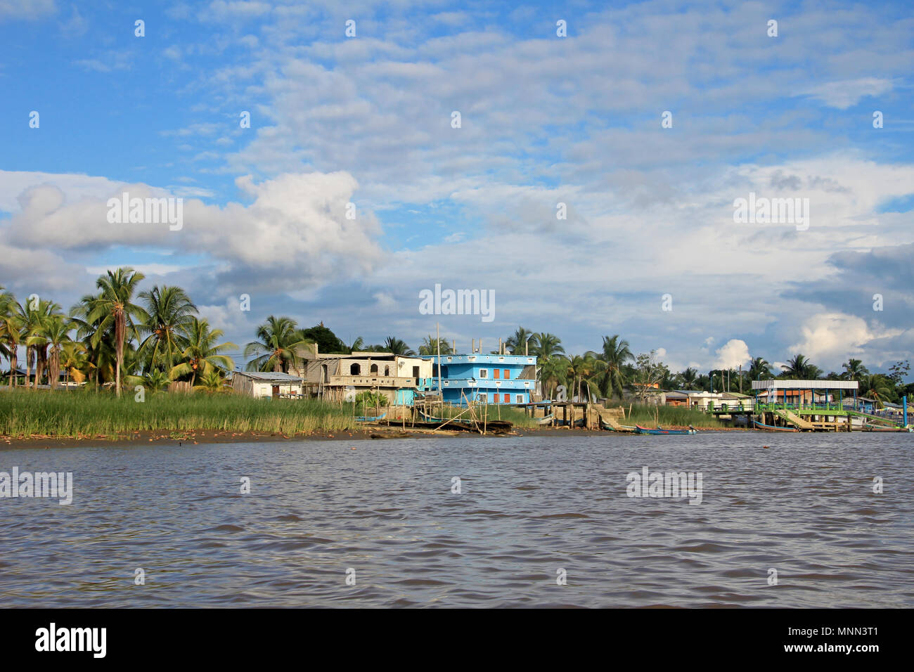 Los barcos de pesca tradicionales y casas, río Cayapas, provincia de