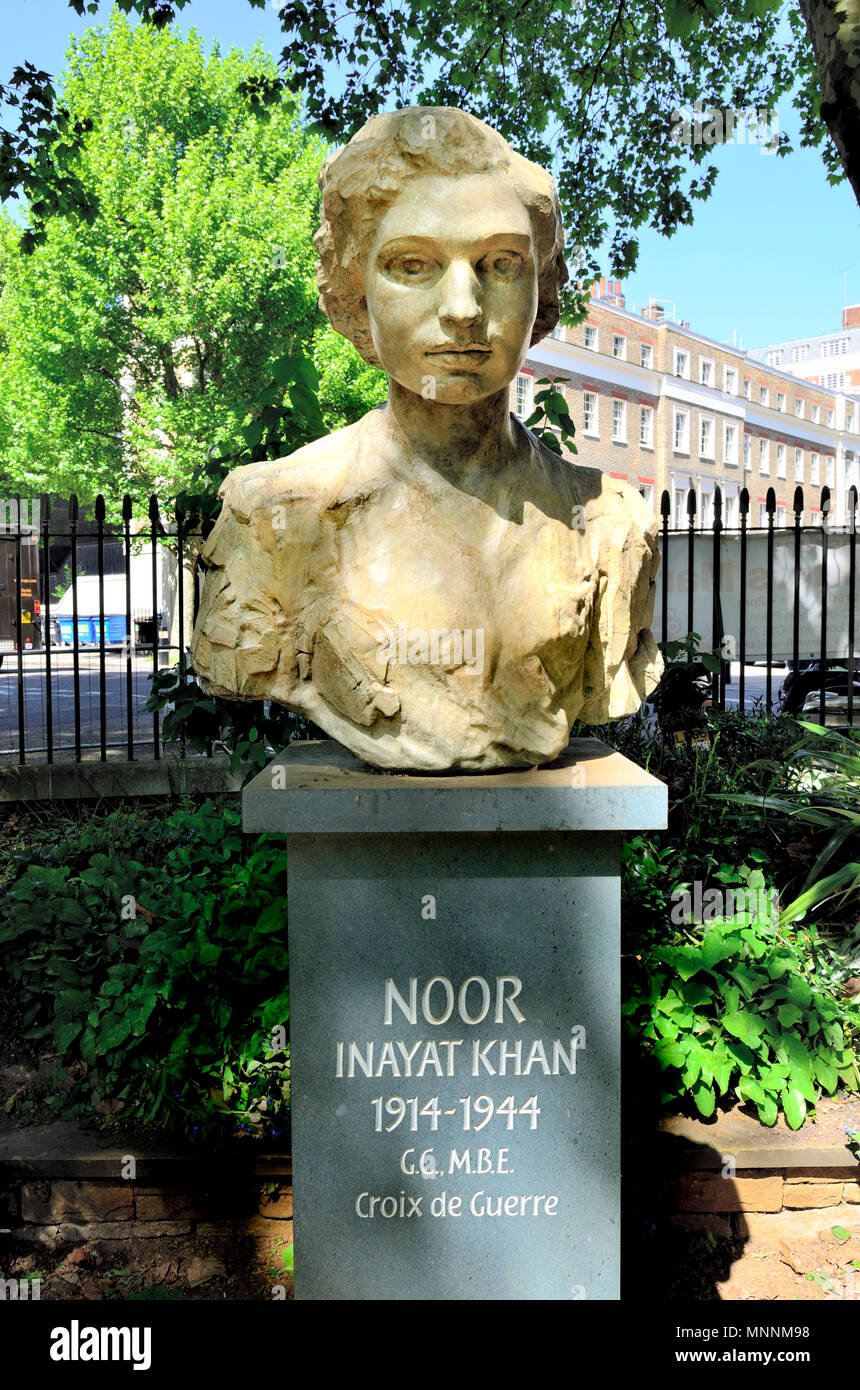 Busto de Noor Inayat Khan (British-Indian agent: 1914-1944) GORDON Square Gardens, Bloomsbury, Londres, Inglaterra, Reino Unido. Trabajó para el SOE y el .... Foto de stock