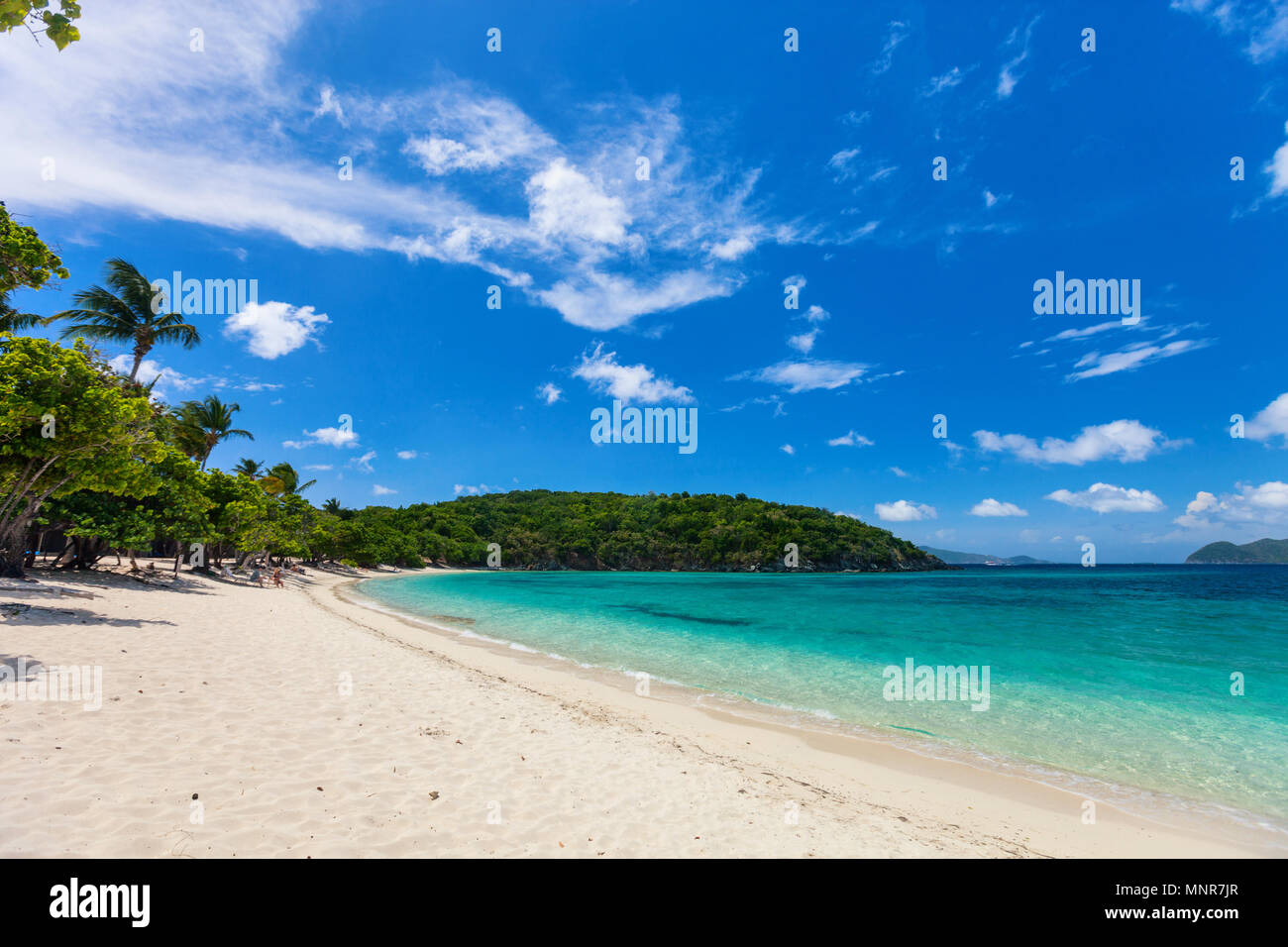 Hermosa playa tropical de arenas blancas, mar turquesa y azul cielo agua en St John, Islas Vírgenes de los Estados Unidos en el Caribe Foto de stock