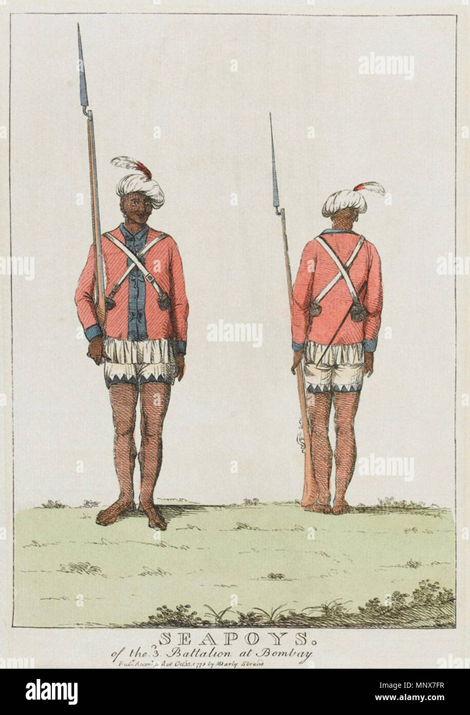 . Inglés: Cipayos del 3º Batallón, en Bombay, grabado en color, publicado por Matthew Darly, 2 de octubre de 1773. Los cipayos se visten chaquetas muy similar al usado por las tropas británicas, junto con un turbante y cholnas. El 3º Batallón de Bombay Cipayos fue planteada en 1769, y dejó de existir en 1788, cuando sus hombres fueron redactados para los Batallones 10 y 11, que a su vez fueron disueltas en 1785 y 1784 respectivamente. Un nuevo tercer batallón de Bombay Cipayos fue planteada en 1788, el antepasado de los Mahratta de infantería ligera del ejército indio posterior a la independencia. Colección del Museo del Ejército Nacional Foto de stock