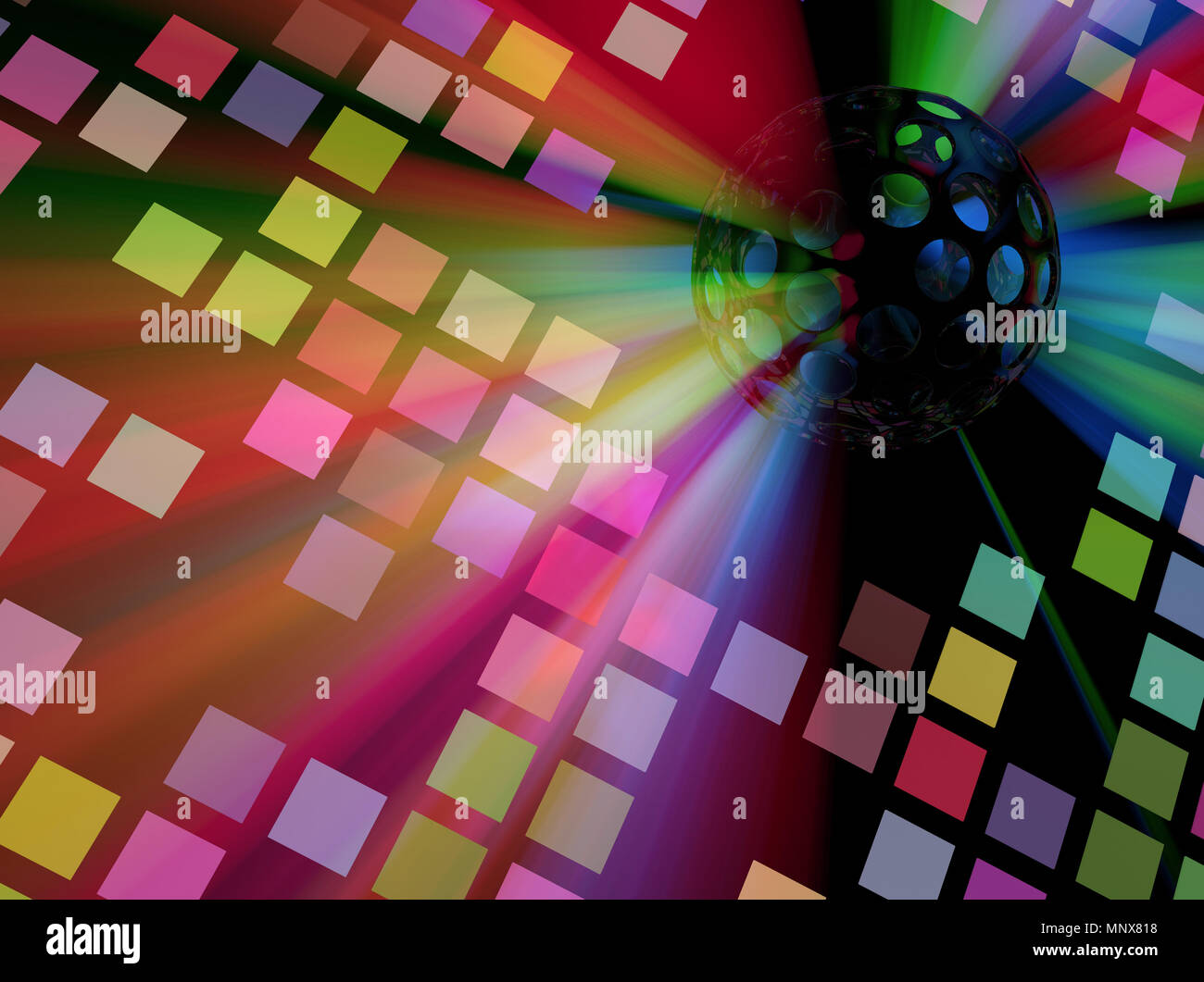La gama de colores de luz estroboscópica bola de discoteca plazas Piso 3d, ilustración de fondo horizontal Foto de stock