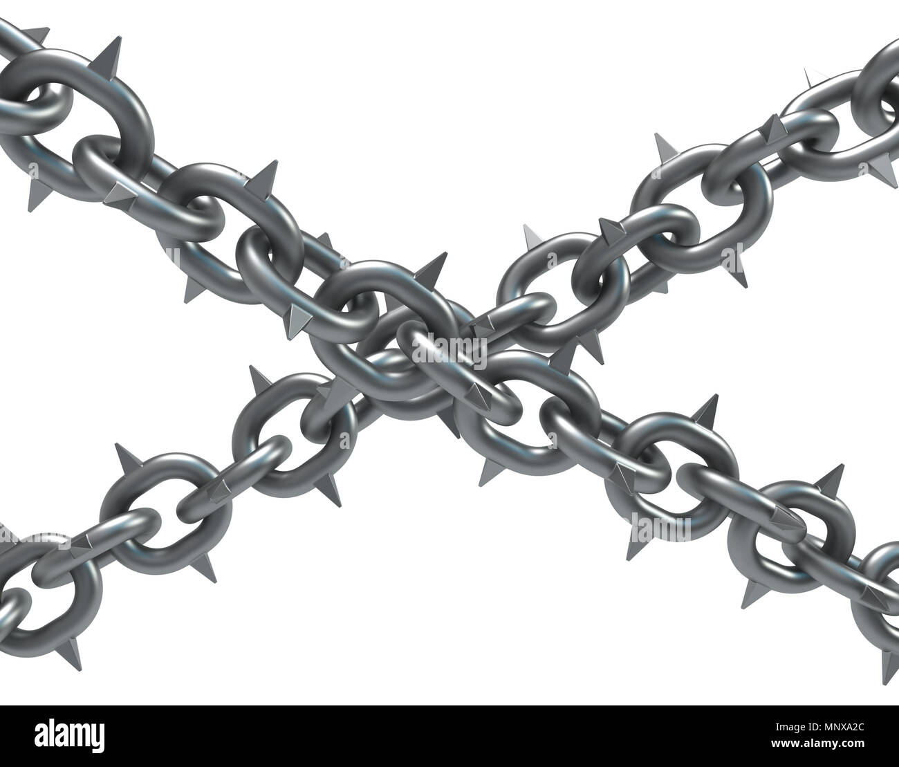 Cruce de cadenas con púas metálicas oscuras ilustración 3d, aisladas,  horizontal, sobre blanco Fotografía de stock - Alamy