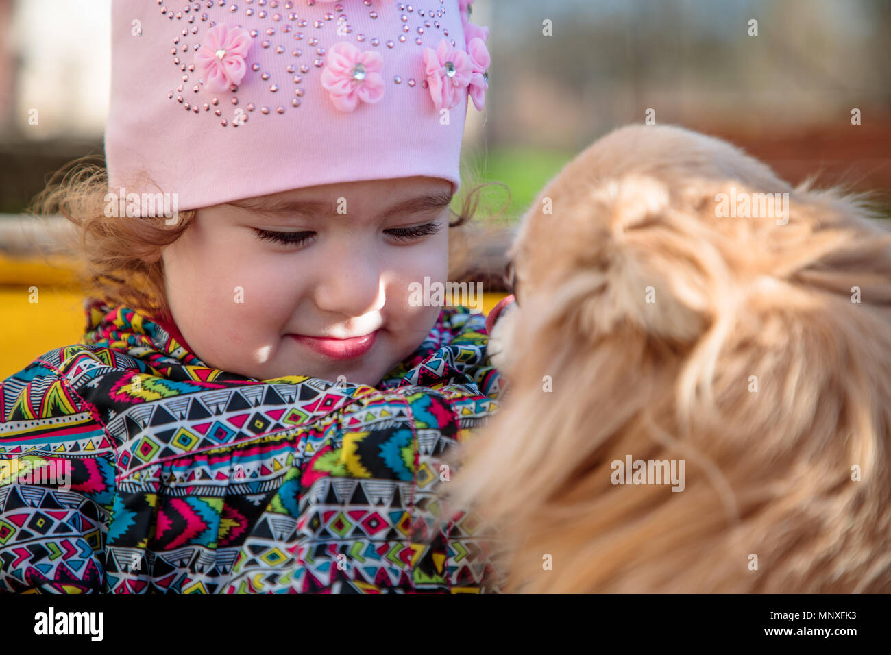 Pequeña y dulce chica con un perro mullidas Foto de stock