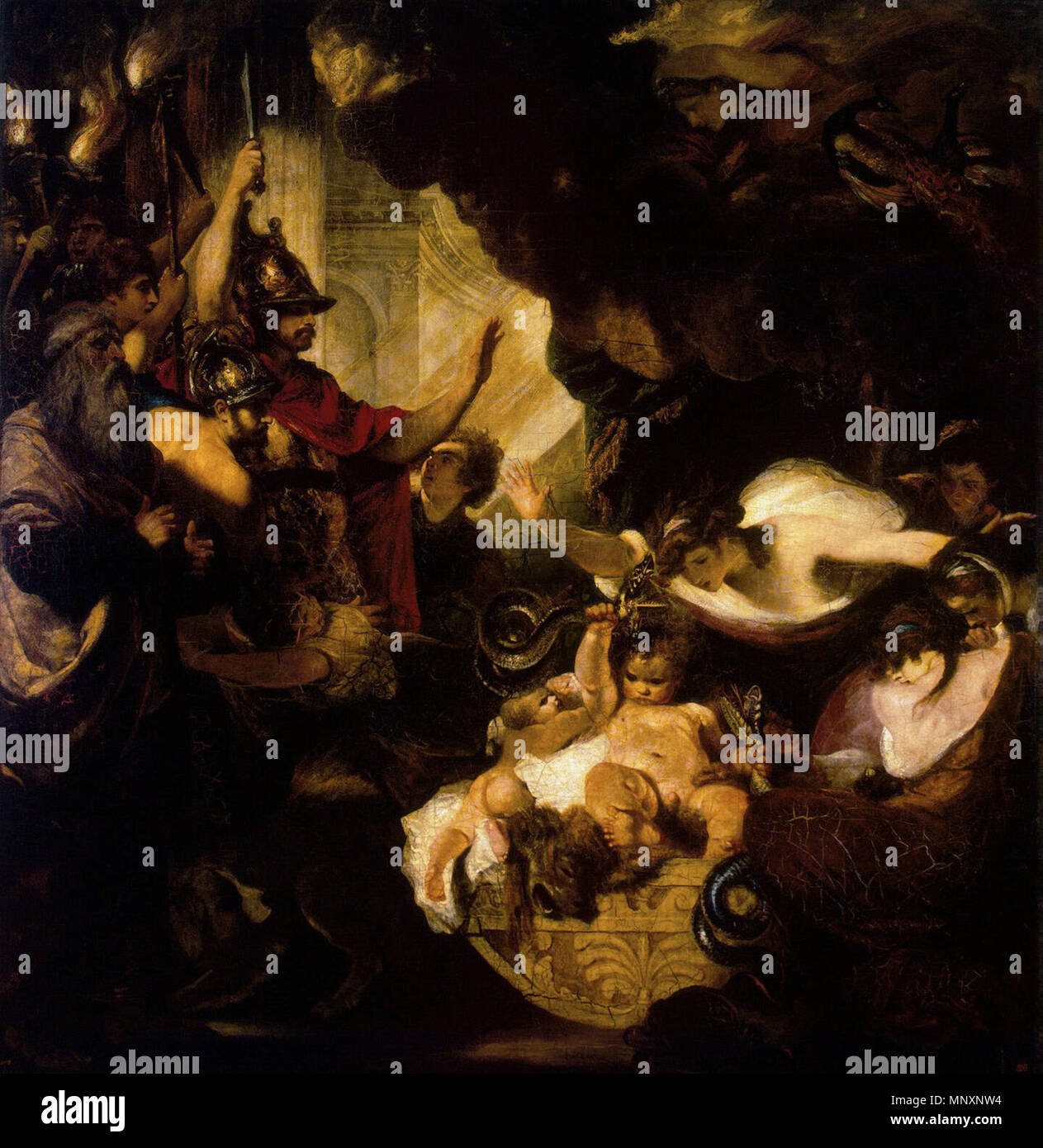 Inglés: El Bebé Heracules estrangulan serpientes en su cuna . 307 × 297 cm  . 1788. 1175 El bebé Hércules estrangulando a las serpientes en su cuna -  Joshua Reynolds (1788 Fotografía de stock - Alamy