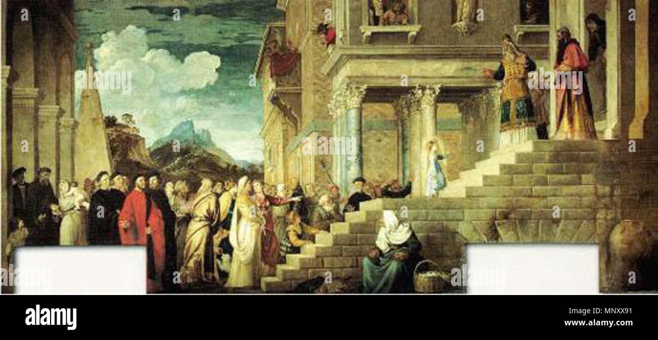 La presentación de la Virgen María en el templo de Jerusalén entre circa 1534 y circa 1538. 1197 Tiziano Presentazione Foto de stock