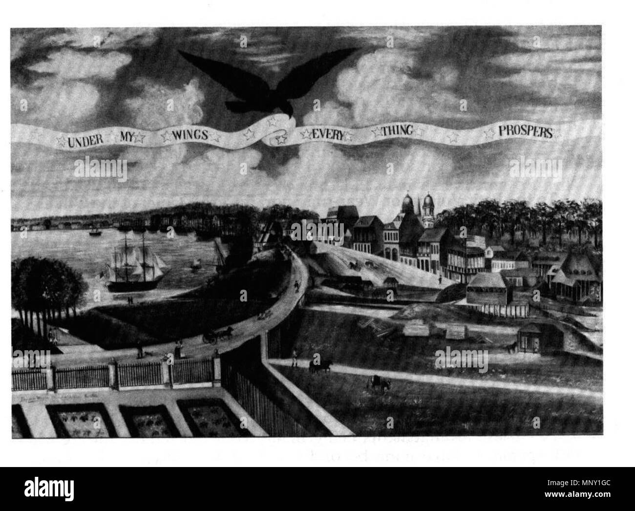 . Nueva Orleans en 1803. "Bajo Mis alas cada cosa prospera' por Nueva Orleans artista J. L. Bouqueto de Woiseri, para celebrar su placer con la compra de Louisiana y su expectativa de que la prosperidad económica resultaría bajo la administración de los EE.UU. Nosotros eagle cierne sobre una vista de la ciudad, sosteniendo en su pico una pancarta leyendo 'bajo mis alas CADA COSA prospera". Vista de la ciudad mirando río arriba desde la orilla del río en el Marigny plantation (aún no subdividido para desarrollo urbano); mirador es probablemente sobre el extremo del río de Marigny Street es ahora ligeramente o río abajo. Se ven los M Foto de stock