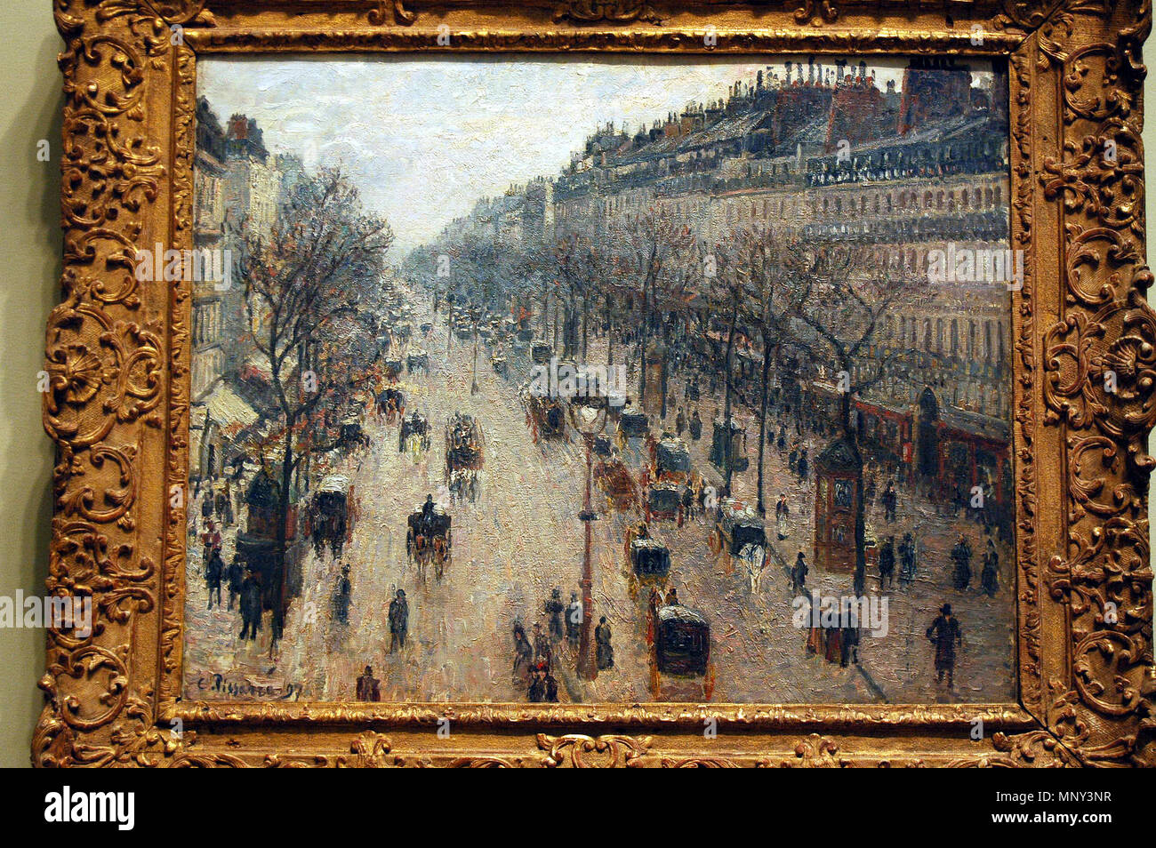 El Boulevard Montmartre, en una mañana de invierno . Camille Pissarro  (francés, 1830-1903) Wikipedia ama el arte en el Museo Metropolitano de  Arte esta foto del artículo nº 60.174 en el Museo