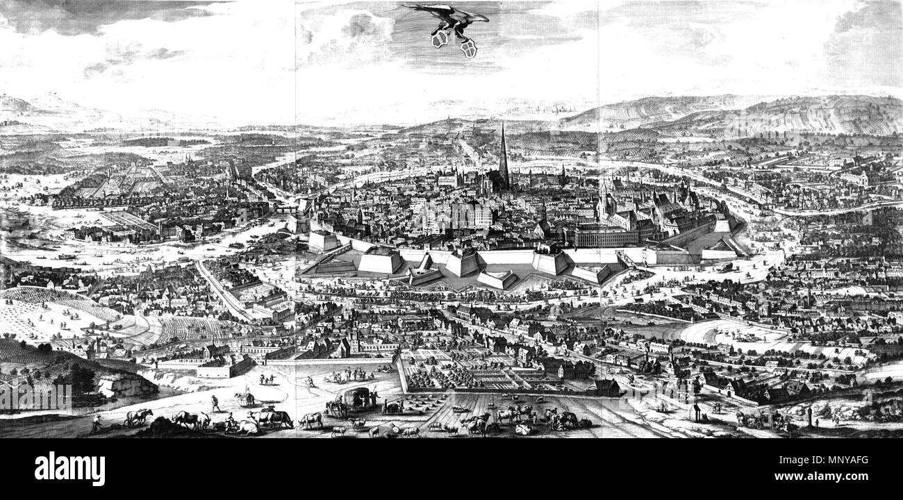 . Deutsch: Vogelschau der Stadt Wien und Umgebung von Nordwesten, entstanden vor der Belagerung durch die Türken 1683, von einem Standort überhöhten etwa zwischen heutiger Währinger und Alser Straße aus, nicht ganz realitätsgetreu; Kupferstich auf 6 Blättern, Druck 1686 (verkleinerte Reproduktion und Druck durch die MA 20 - Plan- und Schriftenkammer, zirka 1978) . 1683. (Folbert Philibert) van Alten-Allen (Ouden-Allen) 1257 Wien-1683(1686)-Allen Foto de stock
