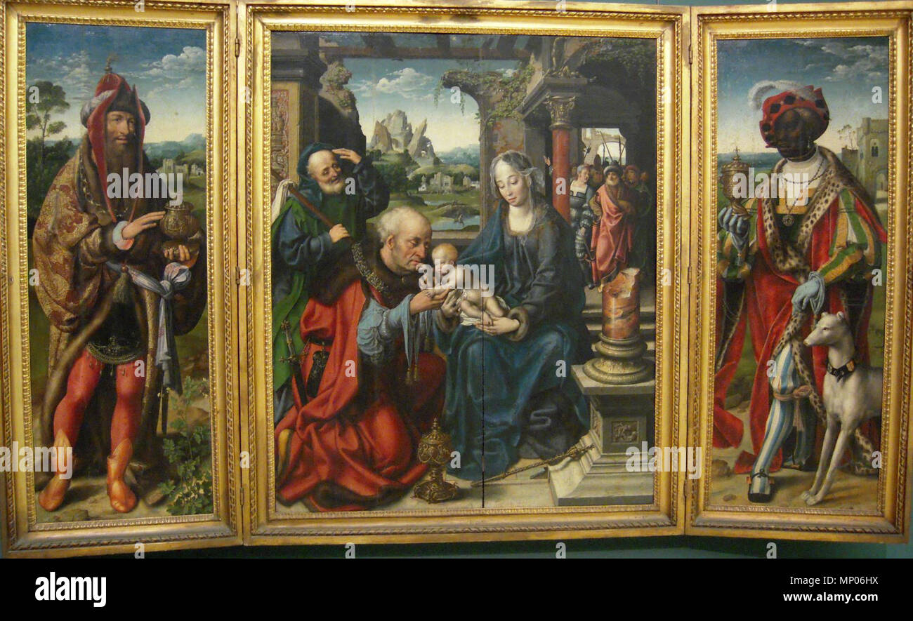 C. 1515, Joos van Cleve, Adoración de los Reyes Magos, Museo de Capodimonte, Nápoles . Tríptico de la Adoración de los Magos Italiano: L' Adorazione dei Magi è un trittico (olio su tavola, 115 x 173 cm) di Joos van Cleve, datato al 1515 ca, conservato a Napoli al Museo Nazionale di Capodimonte (inv. P 12), nella Galleria Farnese. Acquisizione dei Borboni. El Museo Nazionale di Capodimonte nombre nativo Museo di Capodimonte Nápoles Ubicación coordenadas 40° 52' 01.2" N, 14° 15' 01.9" E establecido 1738 Página Web museocapodimonte.beniculturali.it : control de autoridad Q290549: 153512283 VIAF ISN Foto de stock