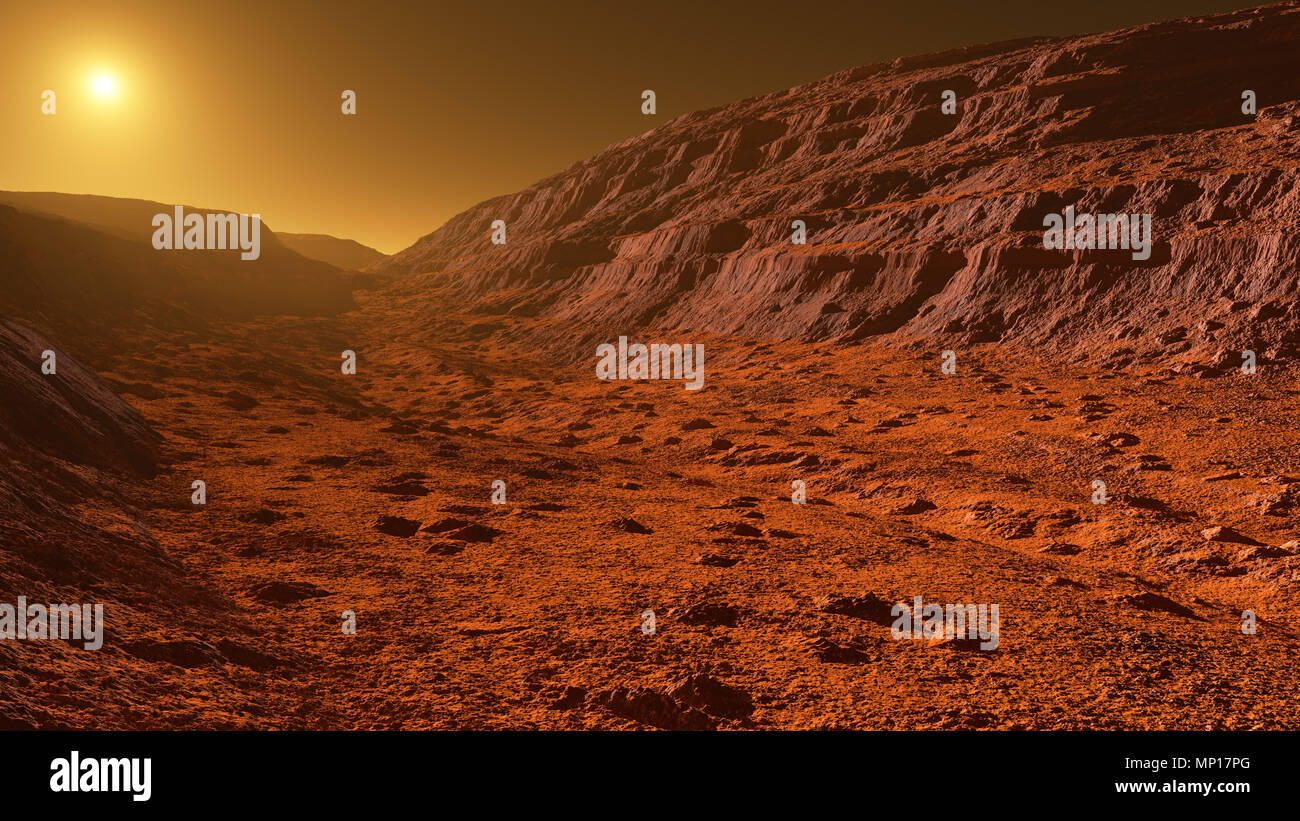 Marte: el planeta rojo - paisaje con montañas con capas de rocas sedimentarias durante un amanecer o atardecer - Ilustración 3D Foto de stock