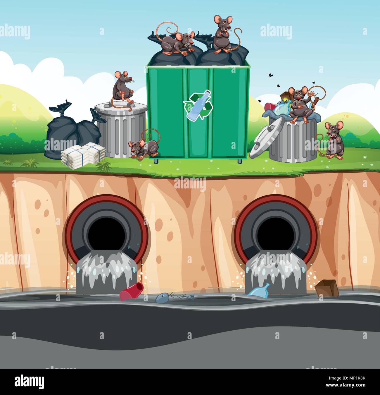 La eliminación de desechos en condiciones insalubres con Rat ilustración Ilustración del Vector