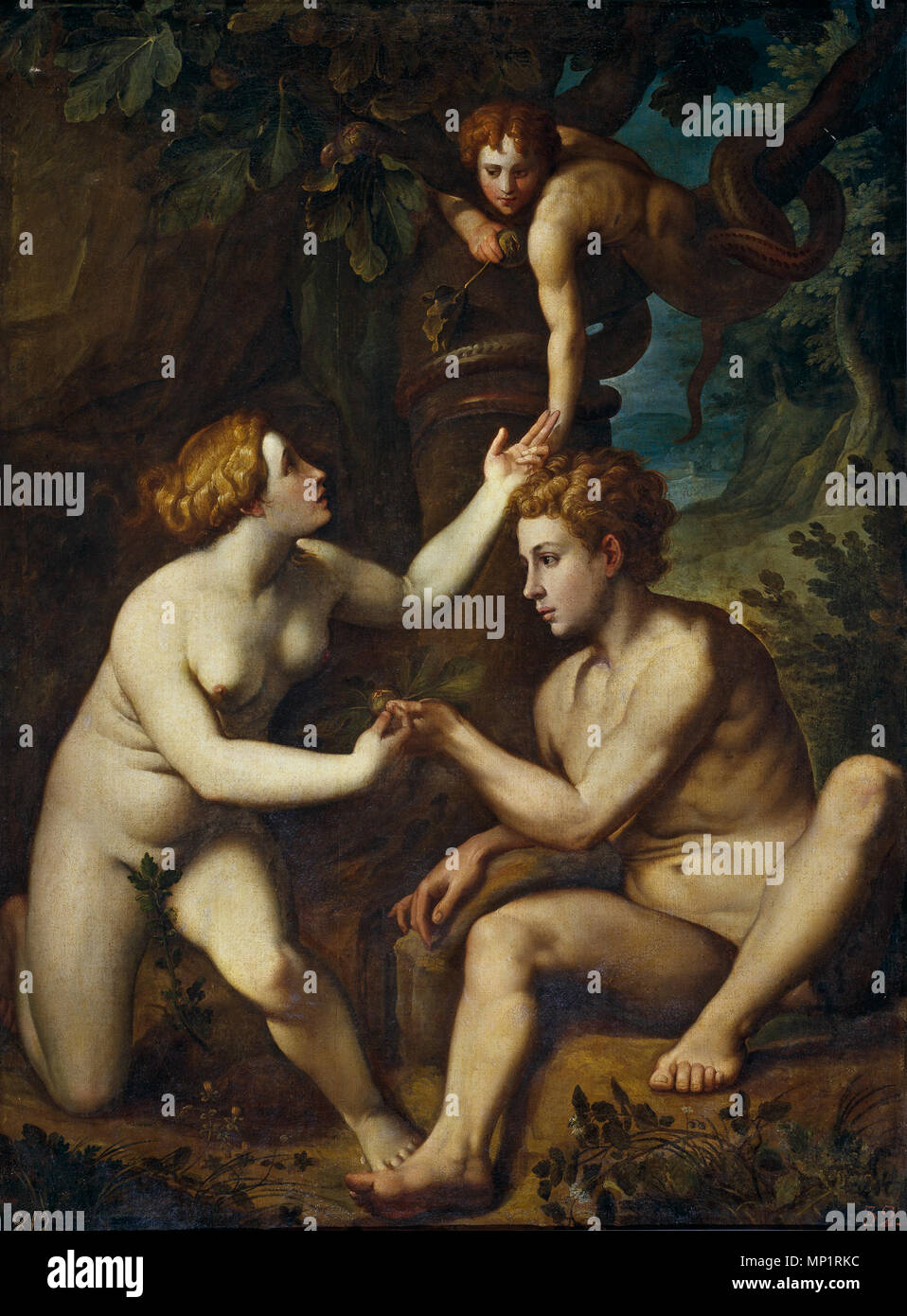 Adán y Eva reciben de la fruta prohibida . Copia de Francesco Salviati . Después de 1554. 995 Pietro Facchetti - Adamo ed Eva ricevono dal frutto proibito Foto de stock