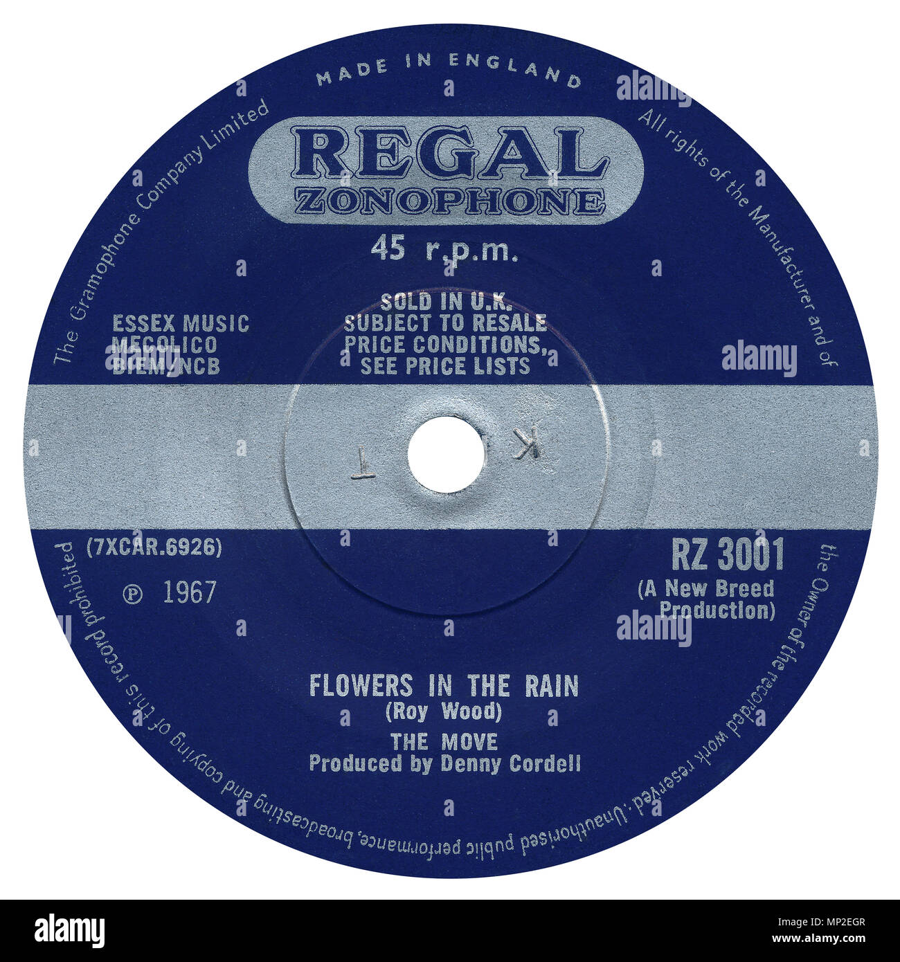 45 RPM discográfica de flores en la lluvia por el movimiento en el Regal Zonophone etiqueta desde 1967. Escrito por Roy Wood y producido por Denny Cordell. Foto de stock