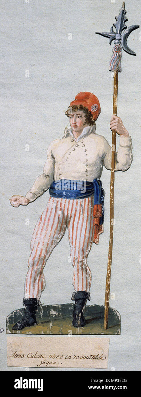 La revolución francesa, 1789 : Onu sans culotte avec sa pique et onu chartier (paysan"). Gouache des frères Lesueur (18eme siecle), 18eme siecle. Musée Carnavalet, Paris . Français : Un sans-culotte avec sa piqué, gouache des frères Lesueur, 1793-1794, Musée Carnavalet, París. . Entre 1793 y 1794. 1093 Sans-culotte avec sa - Lesueur redoutable piqué Foto de stock