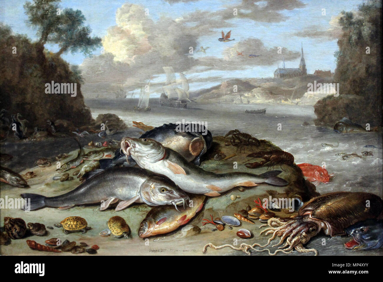 Bodegón con peces y criaturas marinas en un paisaje costero 1661. 704 1661 van Kessel Stilleben mit Fischen und Meeresgetier anagoria Foto de stock