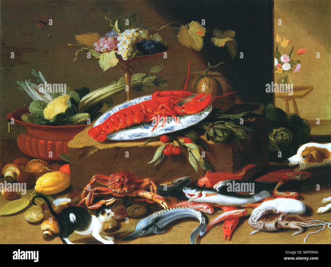 Francais Chien Et Chat Nu Devant Homard Ingles Peleas De Perros Y Gatos Con Un Bodegon De Vegetales Y Animales Marinos 1665 1679 1148 Estudio De Jan Van Kessel I Peleas
