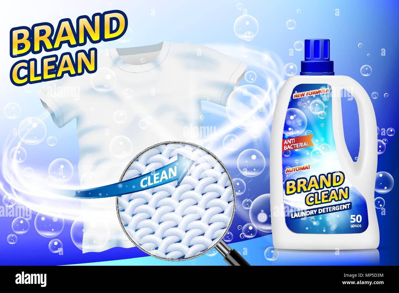 Quitamanchas, detergente para la ropa, plantilla publicitaria. cartel de  anuncios sobre fondo azul con camiseta blanca y manchas