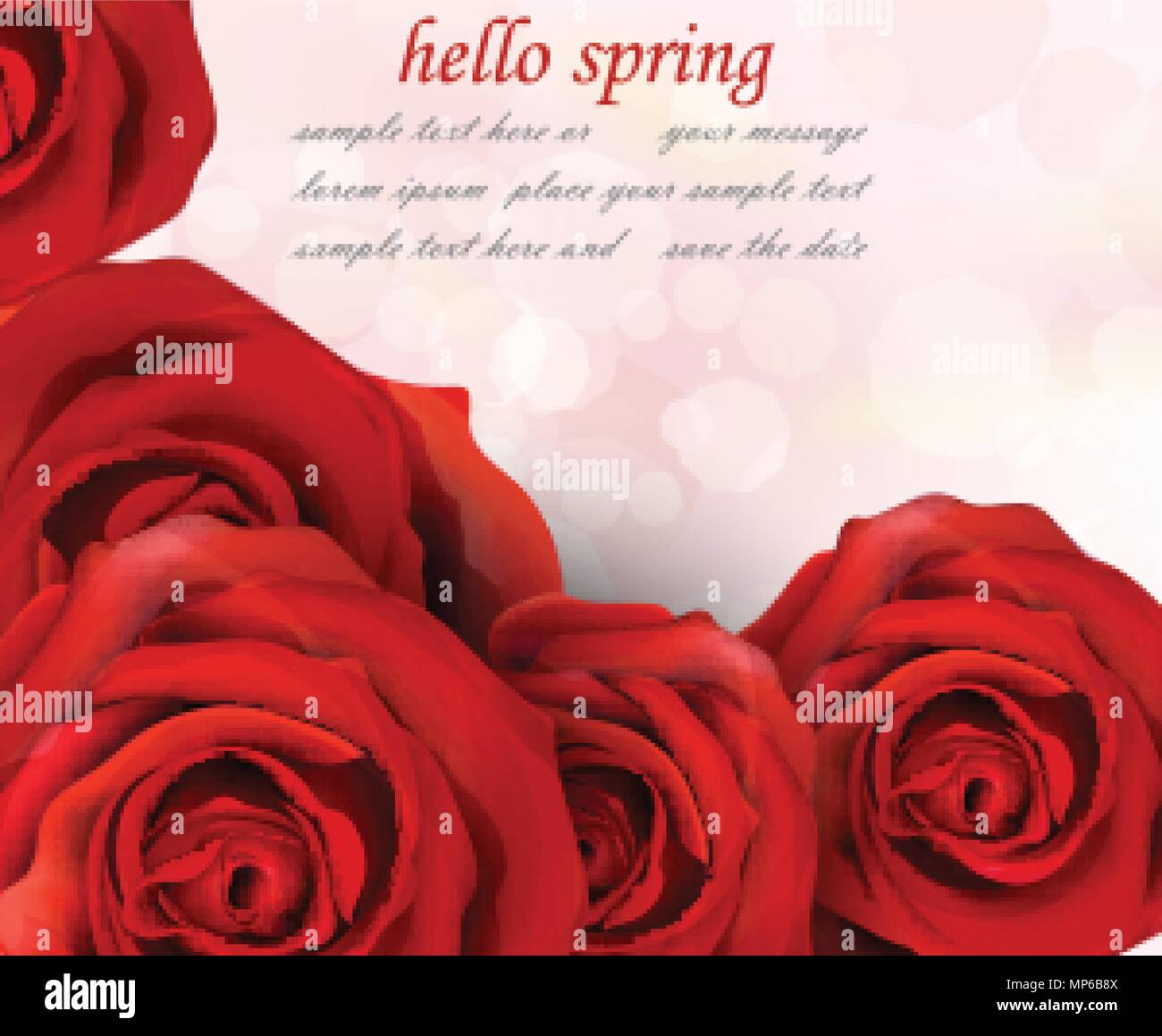 Hola Primavera Rosas Rojas Vector Plantilla De Tarjeta De Felicitacion Pasional Romantico Imagen Vector De Stock Alamy