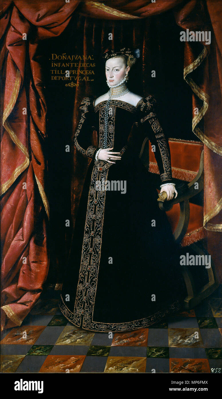 Juana de Austria. Español: Retrato de la princesa Juana de Austria (1535-1573), que fue hija del emperador Carlos I de España y hermana del rey Felipe II. Se casó con el príncipe Juan de Portugal por poderes el 11 de enero de 1552. Este retrato es una de las distintas versiones de la misma composición: se cree que todas las versiones son de retratos producidos por Antonio Moro van Dashorst para conmemorar el matrimonio de la retratada. Las hebillas del cinturón llevan el emblema de columna favorito de los Habsburgo, tal vez en alusión al lema y recurso de Carlos V, el non plus ultra. Juan, como Foto de stock