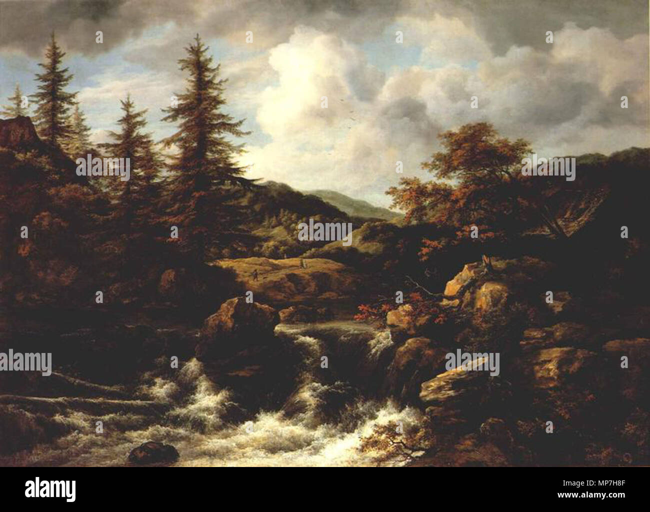 Paisaje boscoso con cascada. Inglés Cascada con troncos, rocas y