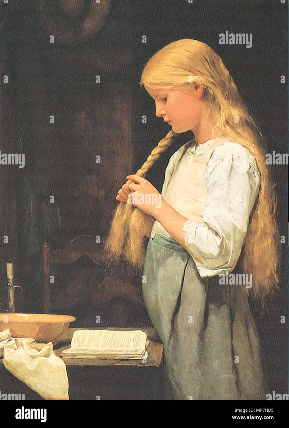 915 Mädchen die Haare flechtend 1887 Foto de stock