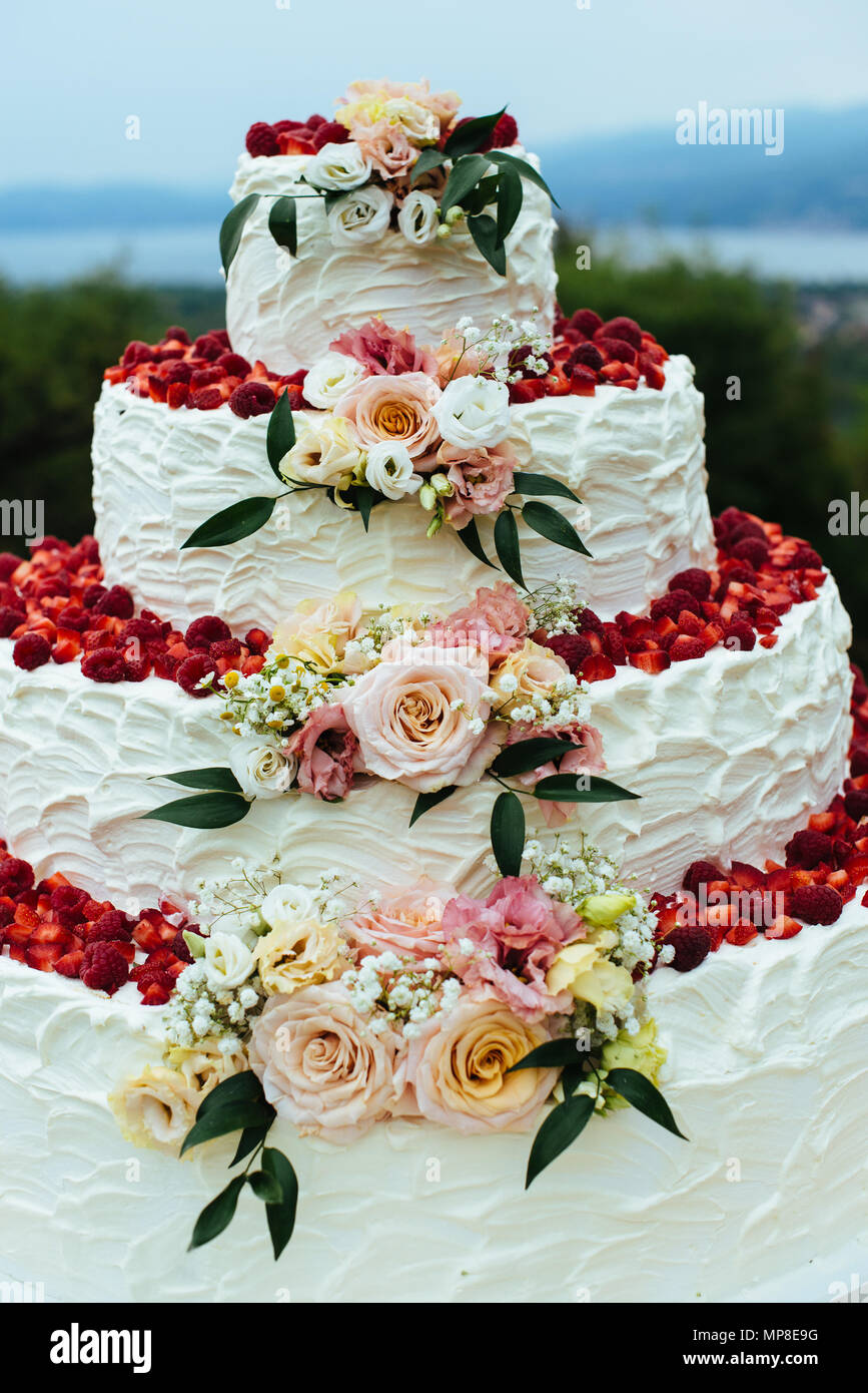 Crema y fresas pastel de boda al aire libre en el jardín decorado con  flores y pétalos de rosa Fotografía de stock - Alamy