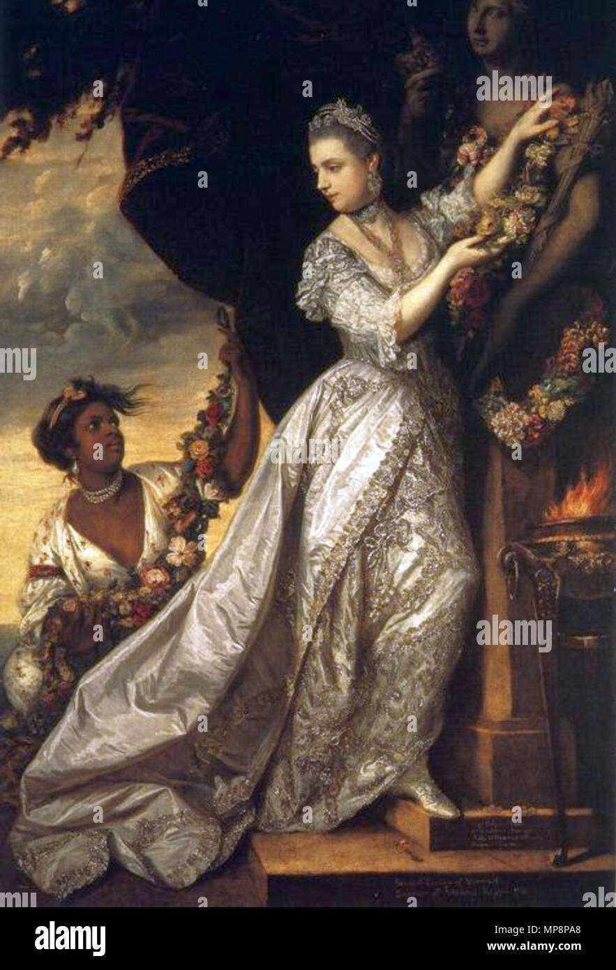 Retrato de Lady Elizabeth Keppel (1739-1768). Señora Elizabeth Keppel está  demostrado que adornan una cifra del himen con guirnaldas de flores. Su  vestido es la que había gastado recientemente como bridesmaid en