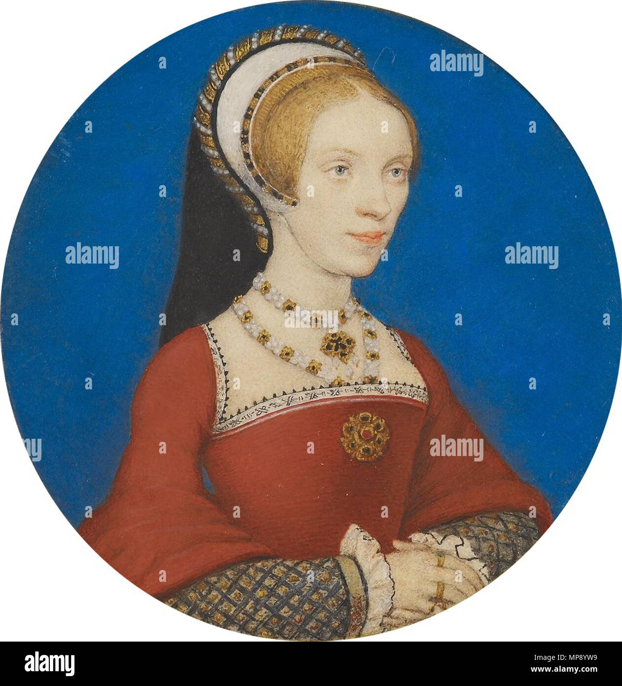 . Inglés: Retrato miniatura de Elizabeth, Lady Audley. Acuarela sobre Papel vitela montado en el naipe, de 5,6 cm de diámetro, Colección Real, el Castillo de Windsor . circa 1538. 788 Lady Audley, de Hans Holbein el joven 02 Foto de stock