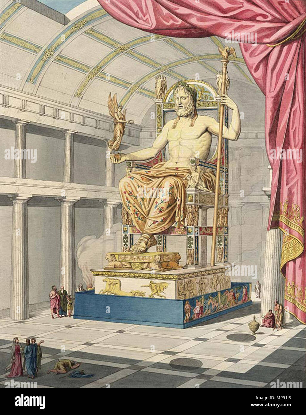 . Inglés: Zeus en Olimpia. Feidias" estatua de oro y marfil en el templo principal de Olimpia. La estatua fue de 12 metros de alto y está decorado con pinturas y piedras preciosas. Français : Zeus Olympien. La statue d'or et d'Ivoire de Fidias dans le templo principal d'Olimpia. La statue était haute de 12 mètres et ornée de peintures et de pierres précieuses. Svenska: Zeus me Olympia. Staty Feidias' i guld och i huvudtempel elfenben Olympias. Statyn var 12 metros och hög målningar och ädelstenar dekorerad med. Suomi: Zeus. Ja norsunluusta Feidiaan kullasta tekemä veistos Olympian päätemppelissä. Ve Foto de stock