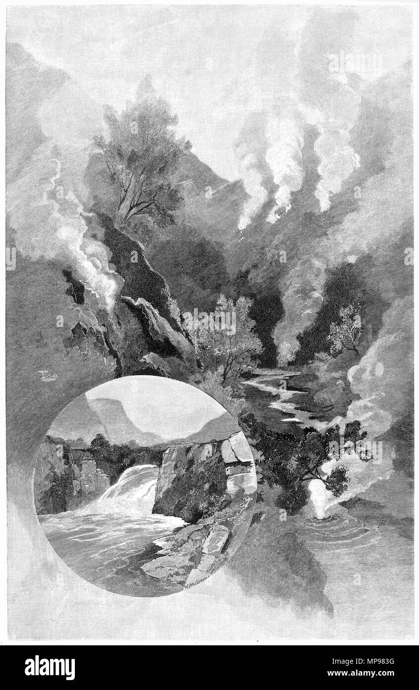 Grabado de las Termas de Wairakei y Cataratas Huka, Nueva Zelanda. Desde el pintoresco Atlas de Australasia, Vol 3, 1886 Foto de stock