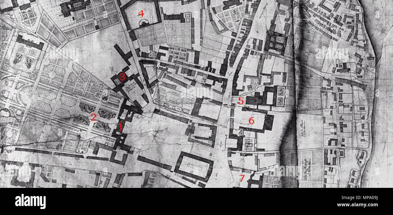Mapa de Varsovia (detalle). Características: 1. Palacio de Sajonia. 2.  Jardín Sajón. 3. Brühl Palace. 4.
