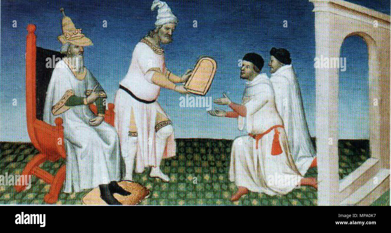 . Inglés: Polo hermanos en la corte de Kubilai Khan. Khan les da un tablet (paiza). Français : Frères Polo à la cour de Kubilai Khan. Khan donnant une tablette (paiza) Polo aux. Русский: Братья Поло при дворе Хубилая. "Дощечку Хан даёт им" (пайцза). entre circa 1410 y circa 1412. Maître de la mazarine et collab. 854 Marco Polo Kubilai Khan Foto de stock