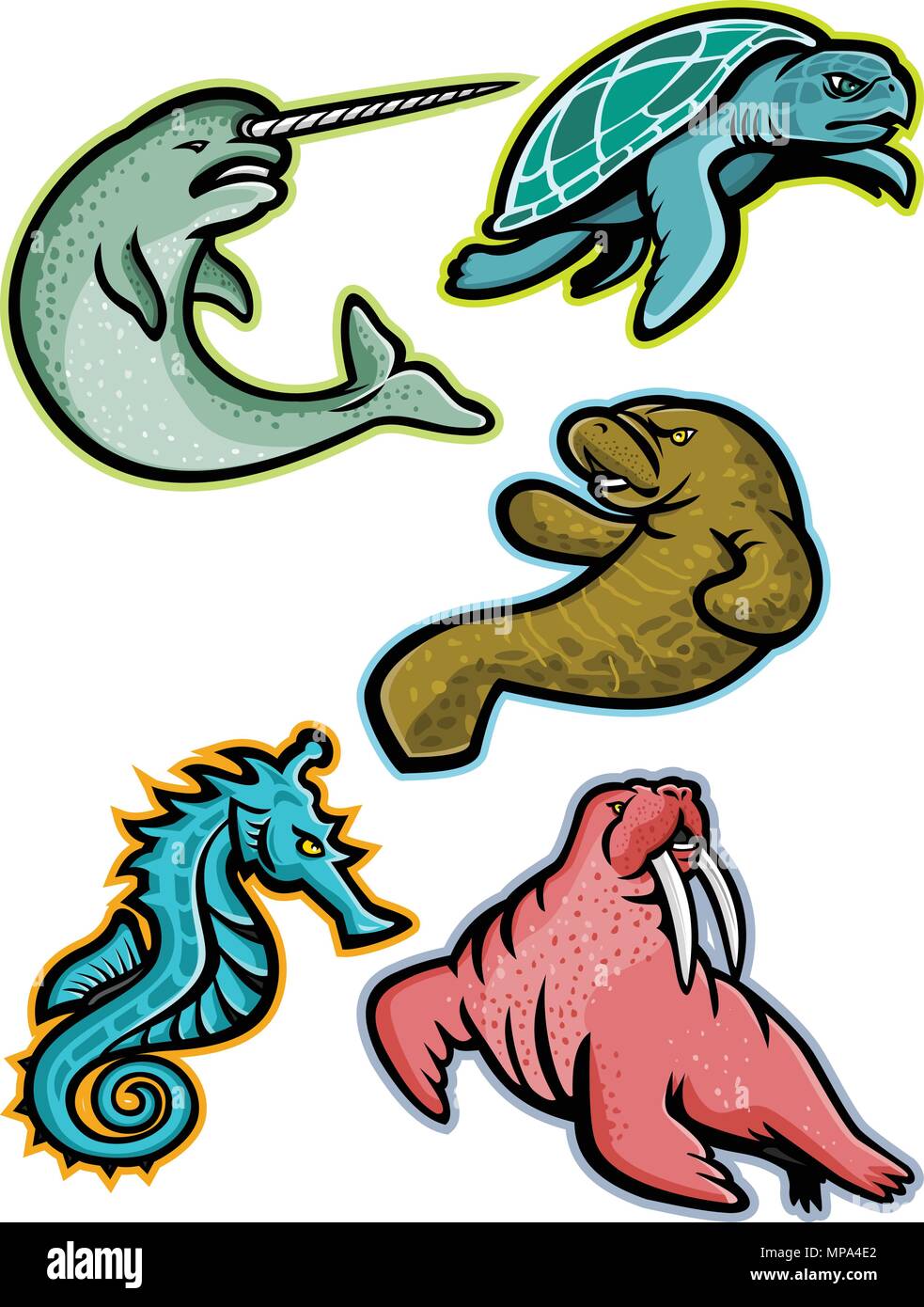 Icono de mascota ilustración conjunto de animales acuáticos y mamíferos marinos como el narval o narwhale ridley, tortugas marinas, el manatí o vaca marina, caballos de mar o s Ilustración del Vector