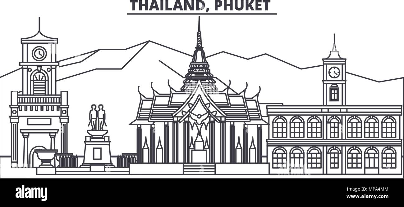Línea de Tailandia, Phuket skyline ilustración vectorial. Tailandia, Phuket ciudad lineal con famosos monumentos, lugares de interés de la ciudad, paisaje de vectores. Ilustración del Vector