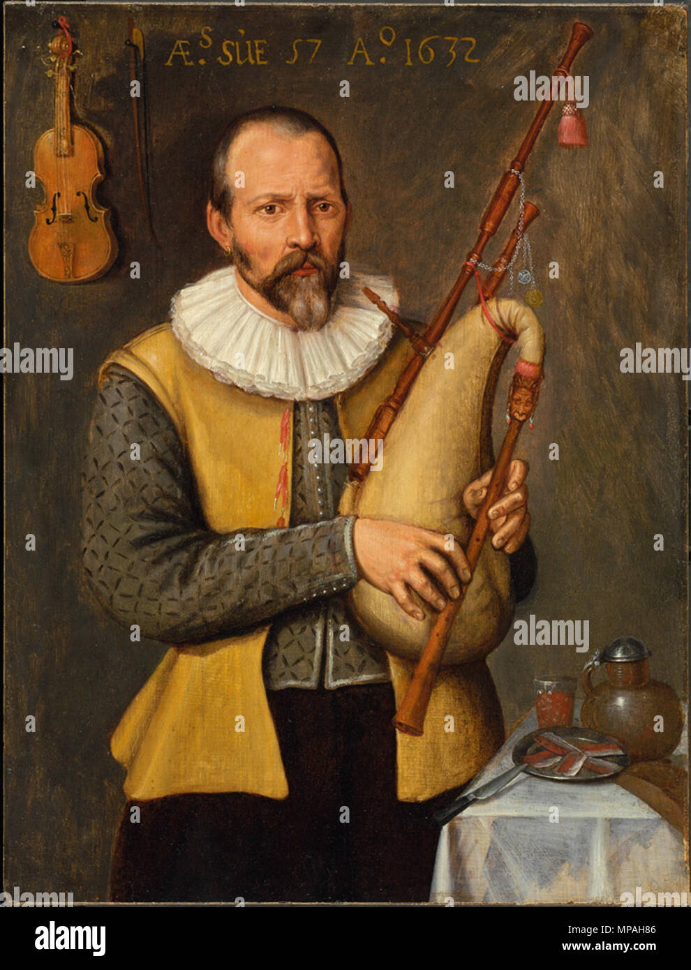 Inglés Retrato de un músico celebración gaitas . Inglés "Esta inusual