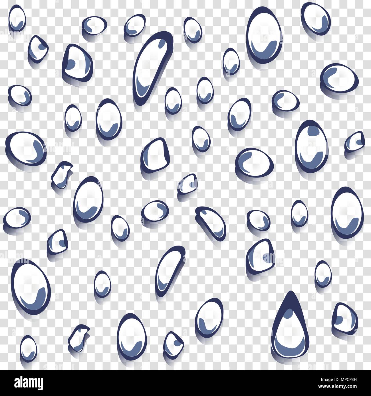 Gotas de agua aislados con transparencia cuadrícula gris y blanco. Colección de ilustraciones vectoriales de gotas de lluvia. Macro gotas de lluvia sobre el cristal de la ventana Vector Il Ilustración del Vector