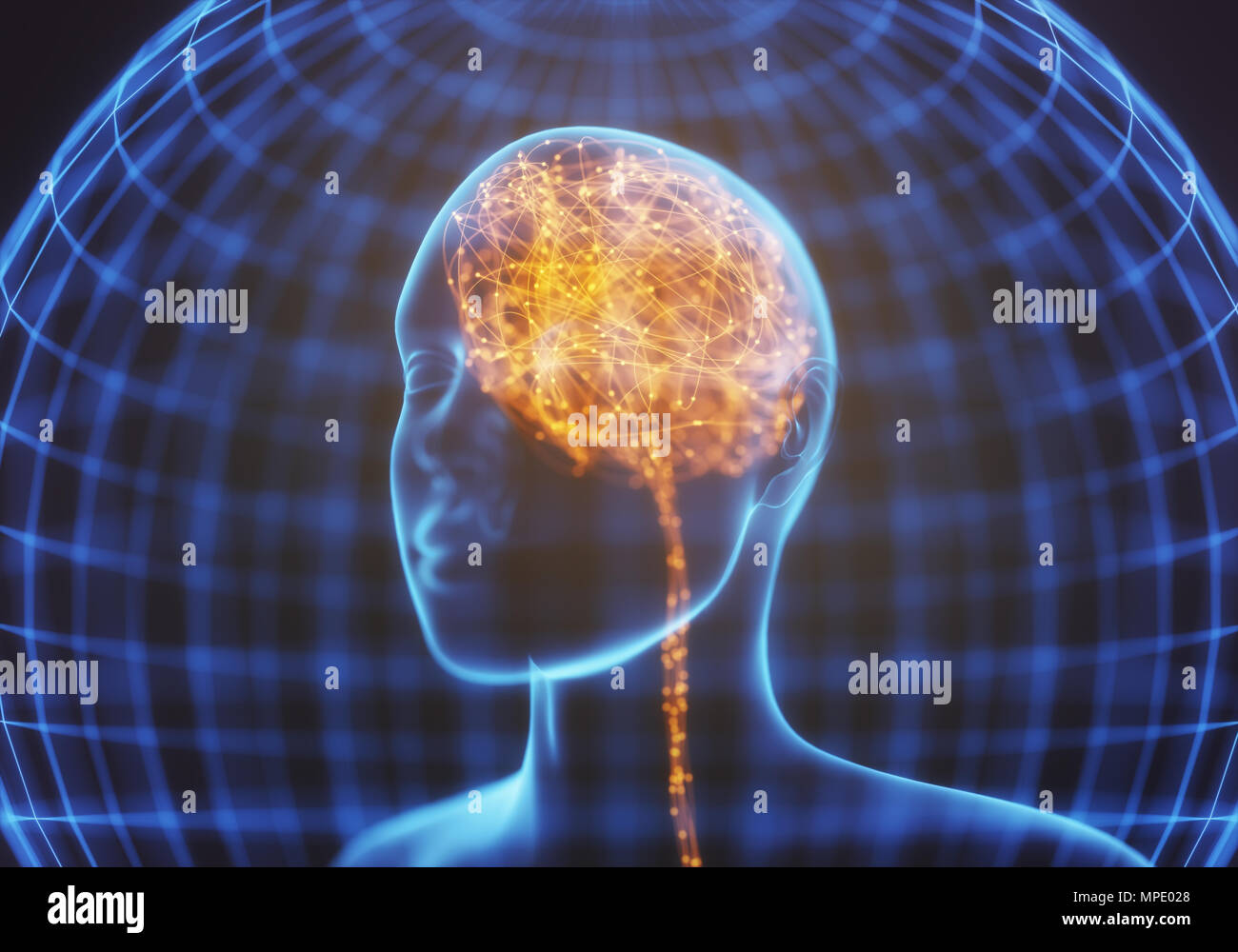 Ilustración 3D. Radiografía de la cabeza y el cerebro humano en concepto de conexiones neuronales y pulsos eléctricos. Brilla dentro del cerebro. Poderosa mente. Foto de stock