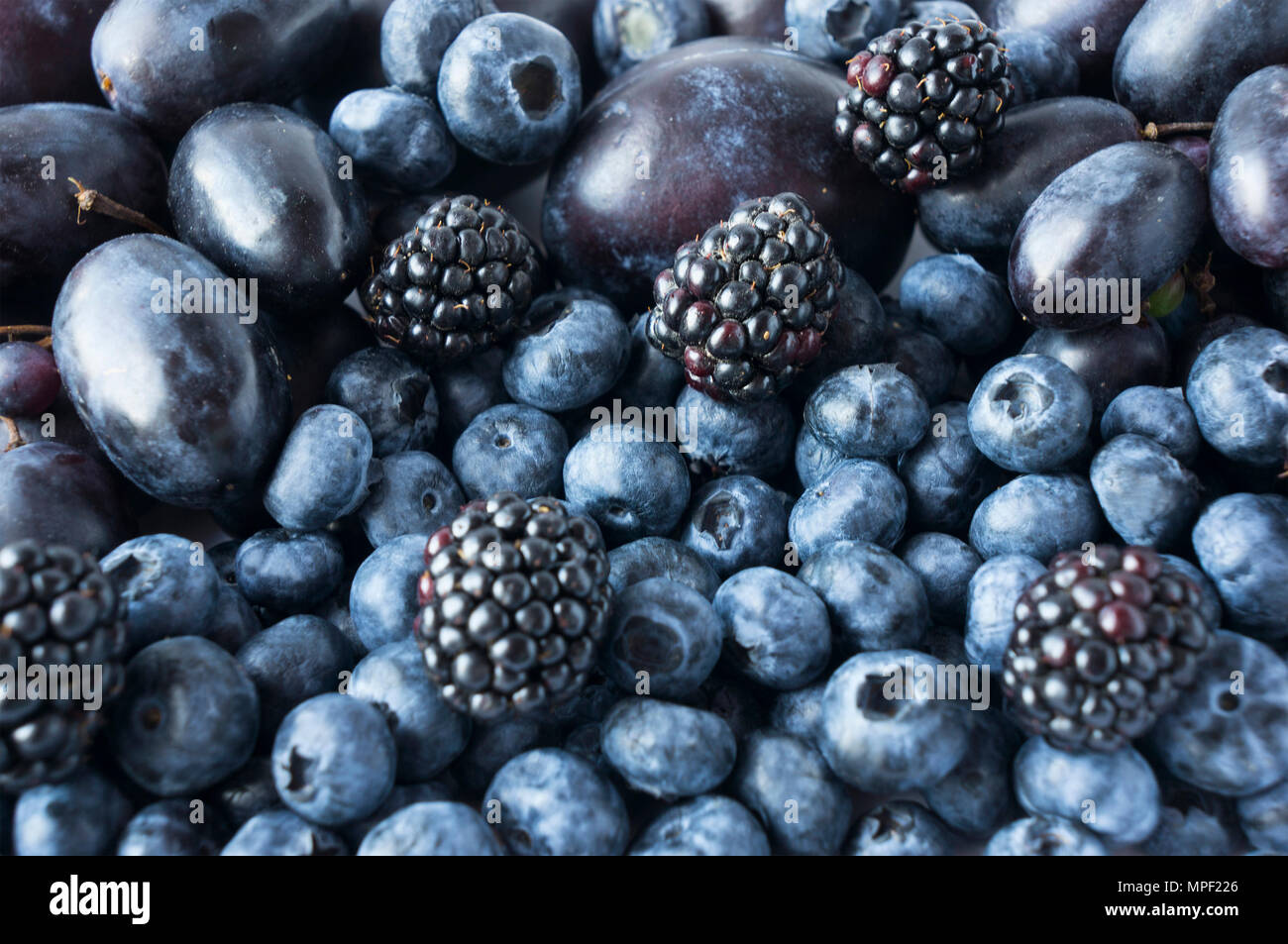 Azul y negro la comida. Fondo de frutas y bayas. Moras frescas, arándanos,  ciruelas y uvas. Vista desde arriba. Frutos de color azul-negro Fotografía  de stock - Alamy