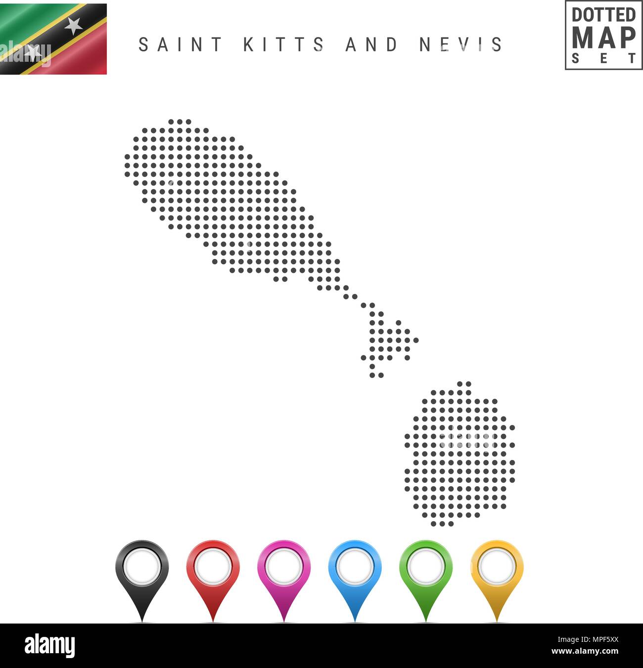 Puntos vectoriales Mapa de Saint Kitts y Nevis. Silueta de Saint Kitts y Nevis. Saint Kitts y Nevis Bandera. Marcadores de mapa Ilustración del Vector